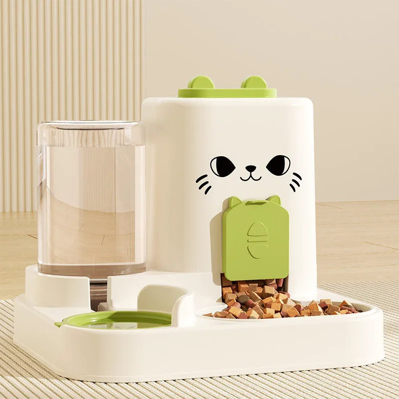 PP plastic cat feeder with integrated water and grain compartments in gray cat face design