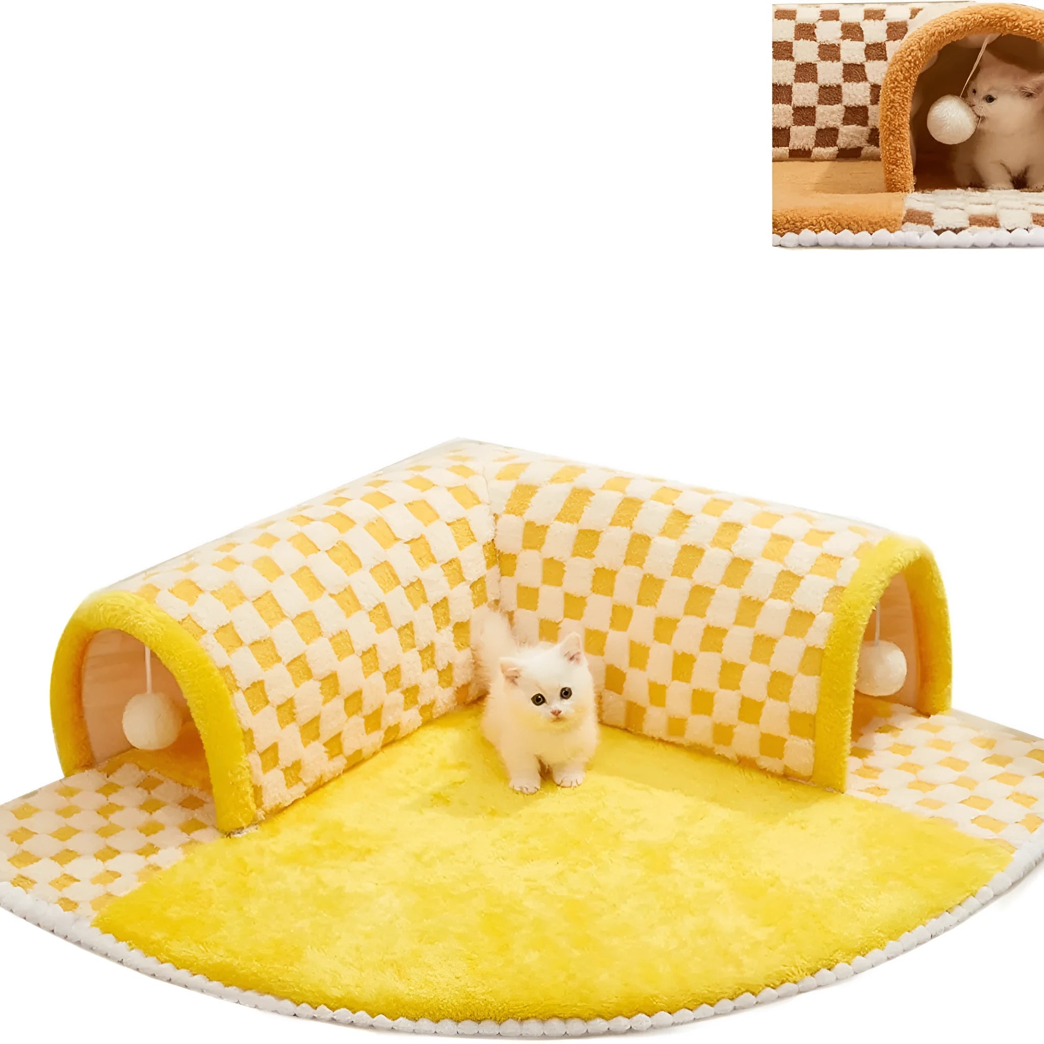 Brown plaid plush cat tunnel bed with a zippered side and central mat, shown on a wooden floor.