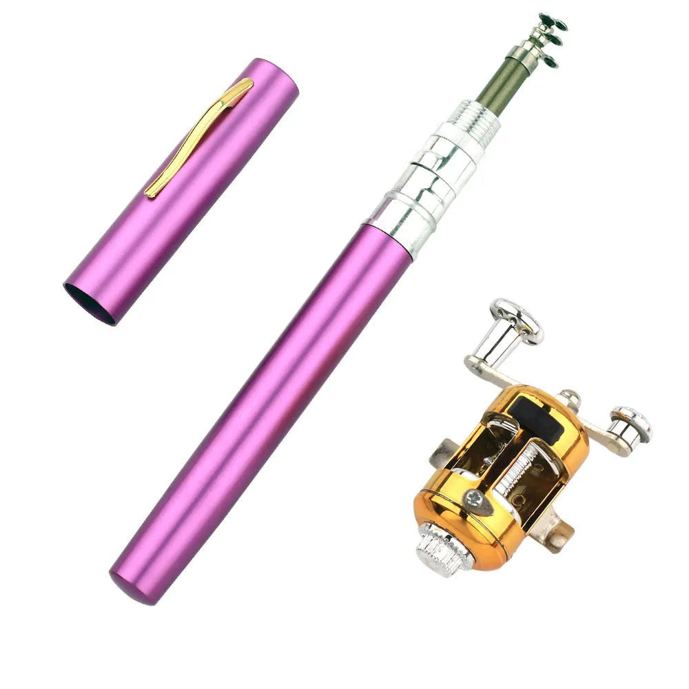 Gold portable telescopic pen fishing rod and reel kit collapsed in aluminium case