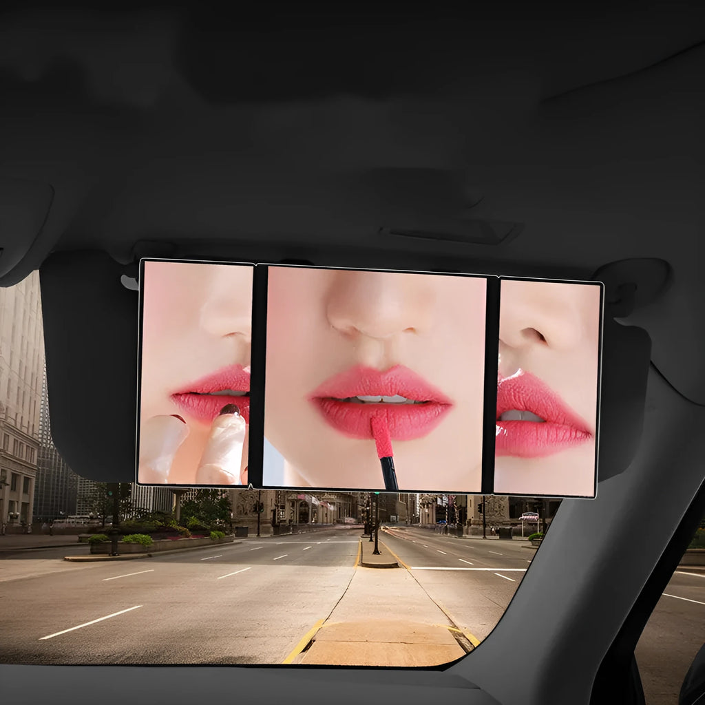 Silver car folding makeup mirror shown open and closed, demonstrating its size change.