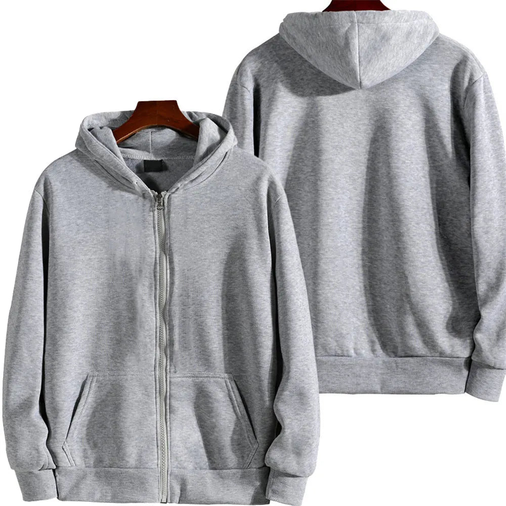 Men's solid colour loose sports zipper jacket in a cardigan style on a hanger.