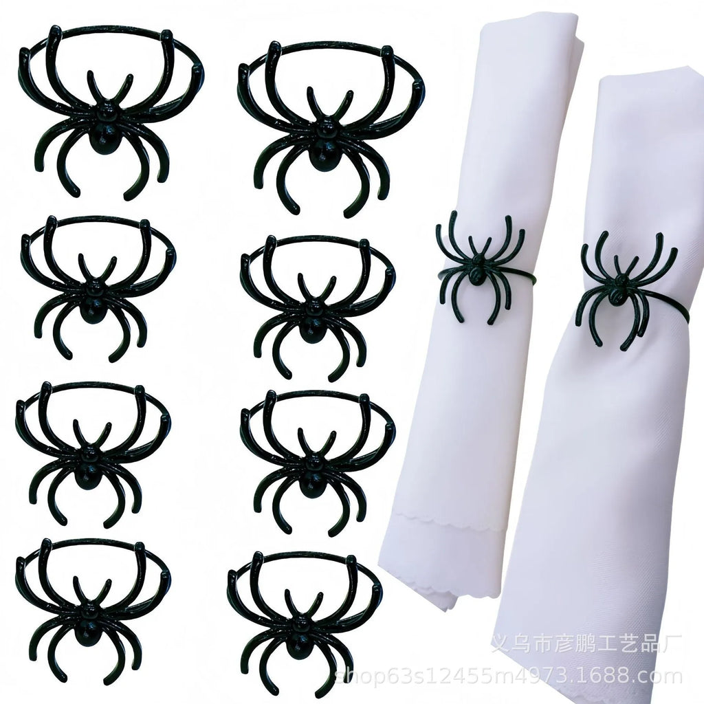 Six black spider-themed alloy napkin rings for Halloween table decorations