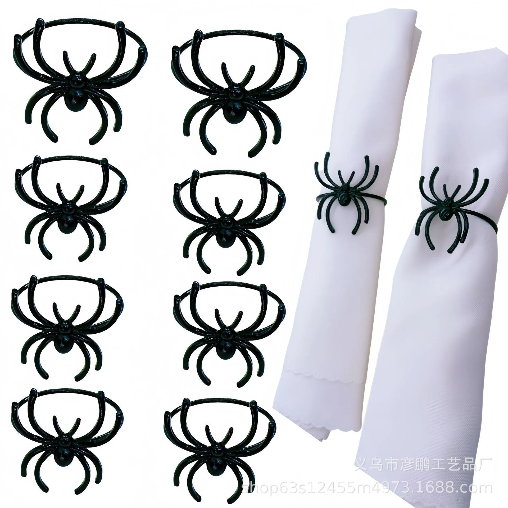 Six black spider-themed alloy napkin rings for Halloween table decorations
