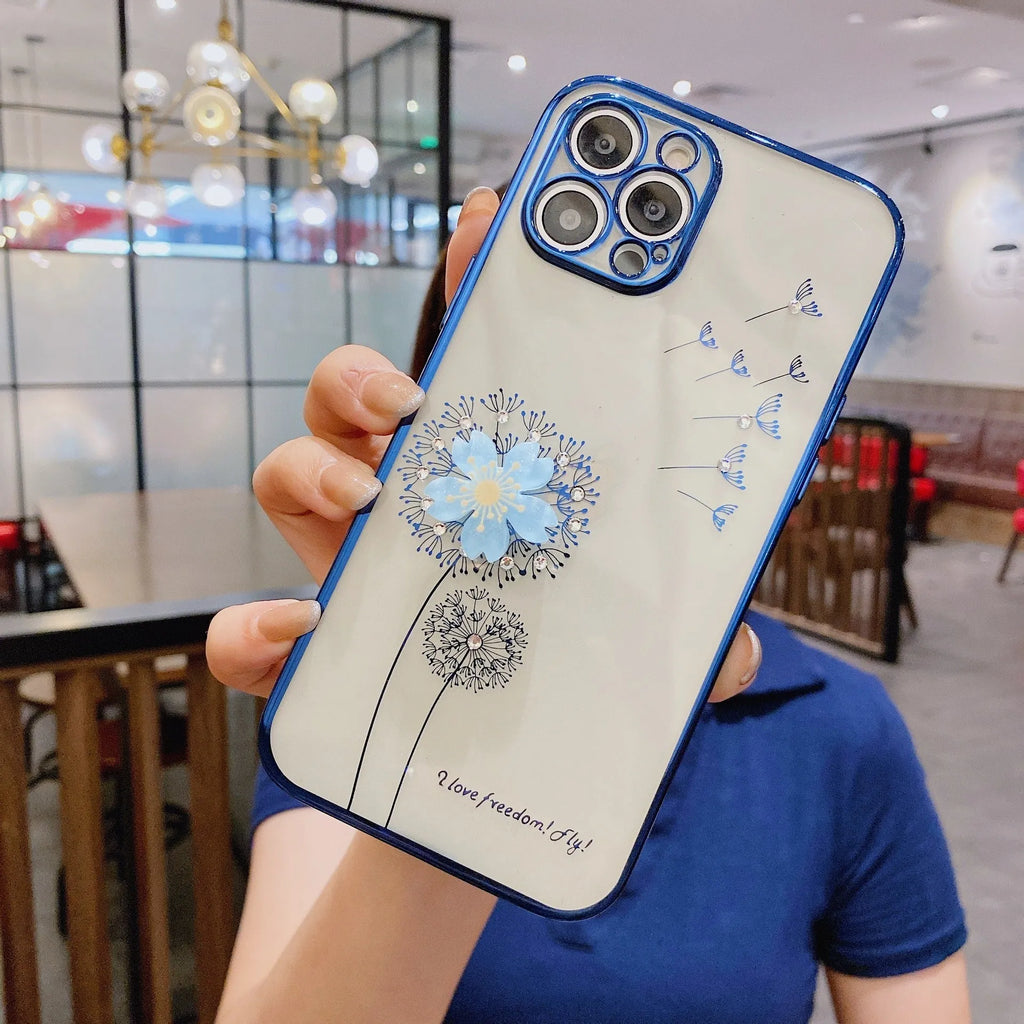Silicone iPhone case with a spinning 3D flower stand on the back in rose gold colour