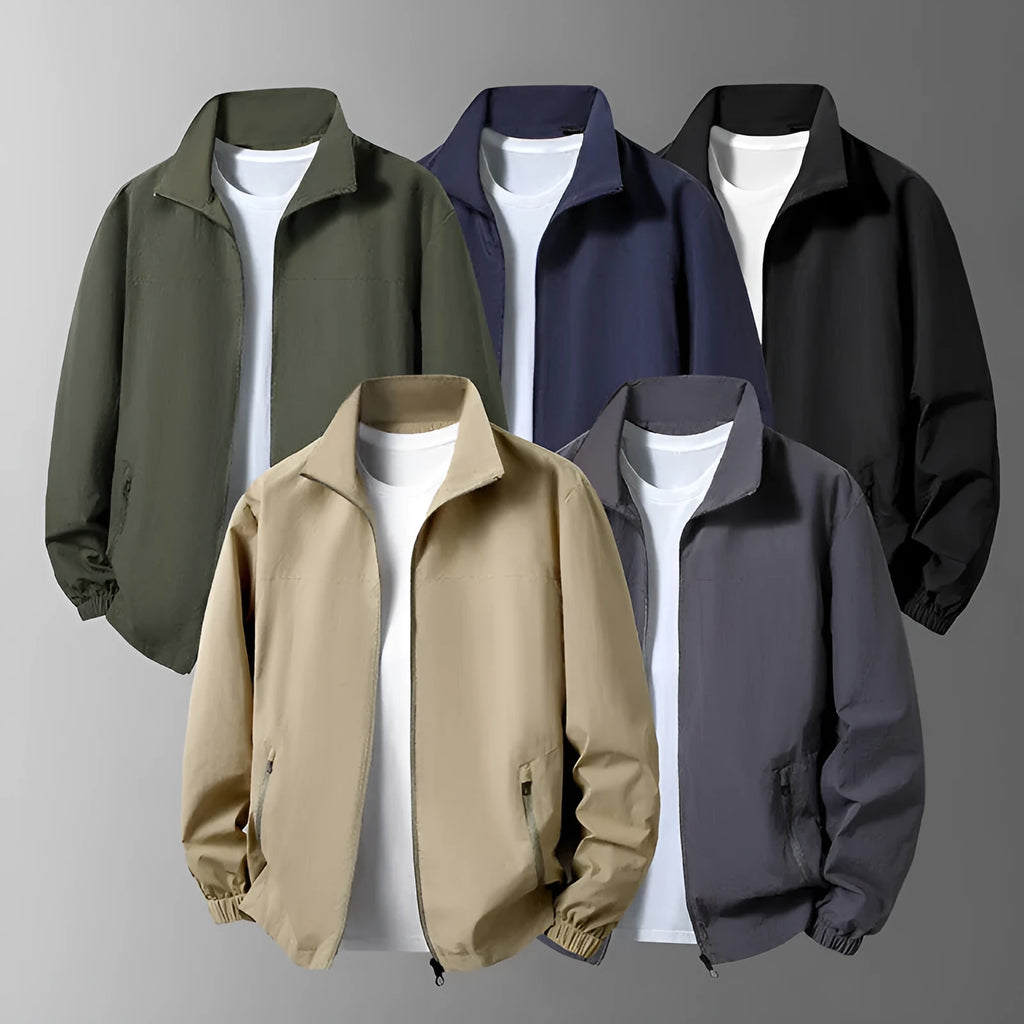 Large size men's casual stand collar zipper windproof jacket in black, front view on model