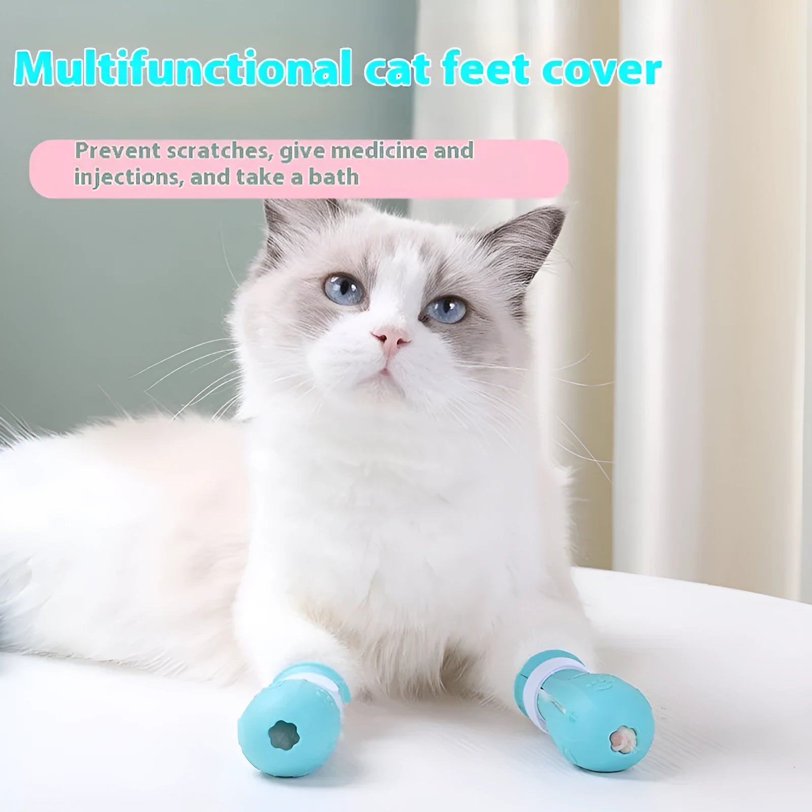 Set of cat foot covers in light blue, light green, and pink rubber for anti-scratch bath protection