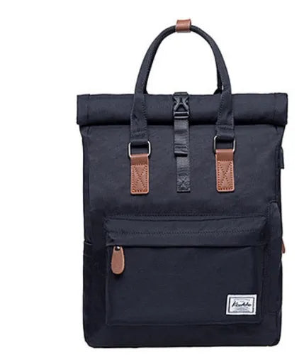 Polyester casual backpack in black, showing cover flap opening and breathable back panel.