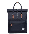 Polyester casual backpack in black, showing cover flap opening and breathable back panel.