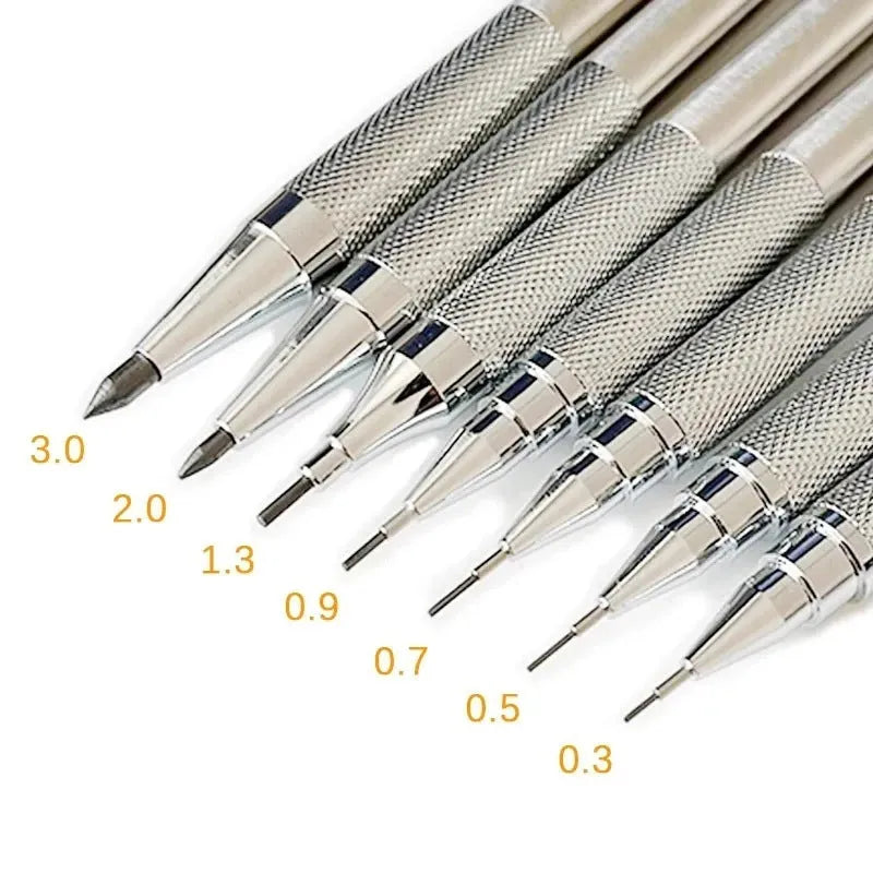 A metal automatic mechanical pencil with multiple lead size options including 0.5mm, 0.7mm, 0.9mm, 1.3mm, and 2.0mm.