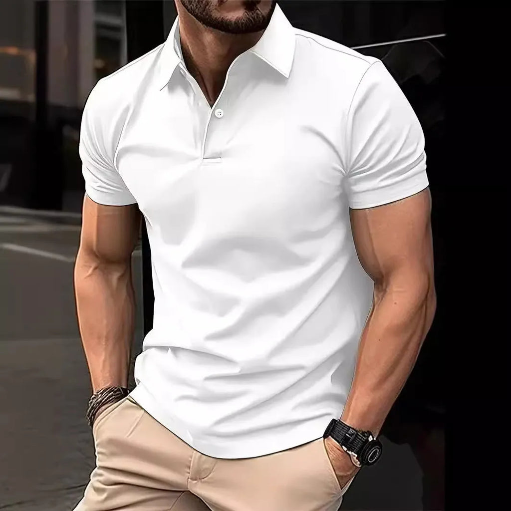 Man wearing a slim fit solid colour short sleeve casual shirt in a cotton blend fabric.