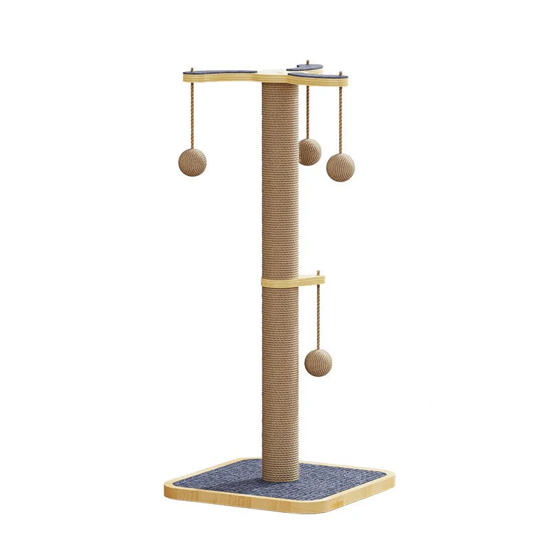 Windmill design cat climbing frame made of pine wood with a hanging ball toy and carpet leather surfaces.