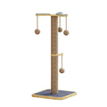 Windmill design cat climbing frame made of pine wood with a hanging ball toy and carpet leather surfaces.