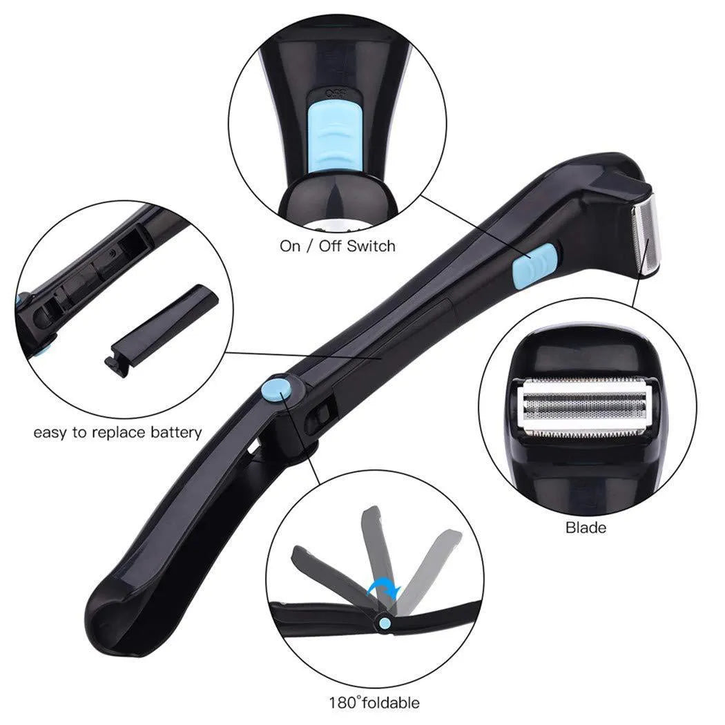 Black folding electric body shaver shown in open and closed positions for portable hair removal