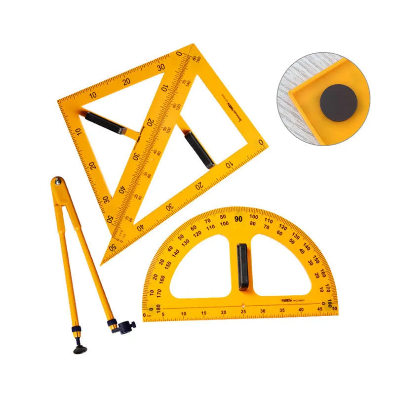 Orange and black mathematics teaching tools set with triangular rulers, protractor, and chalk compass