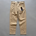 Men's grey cotton straight leg casual trousers laid flat showing mid waist and straight cut.