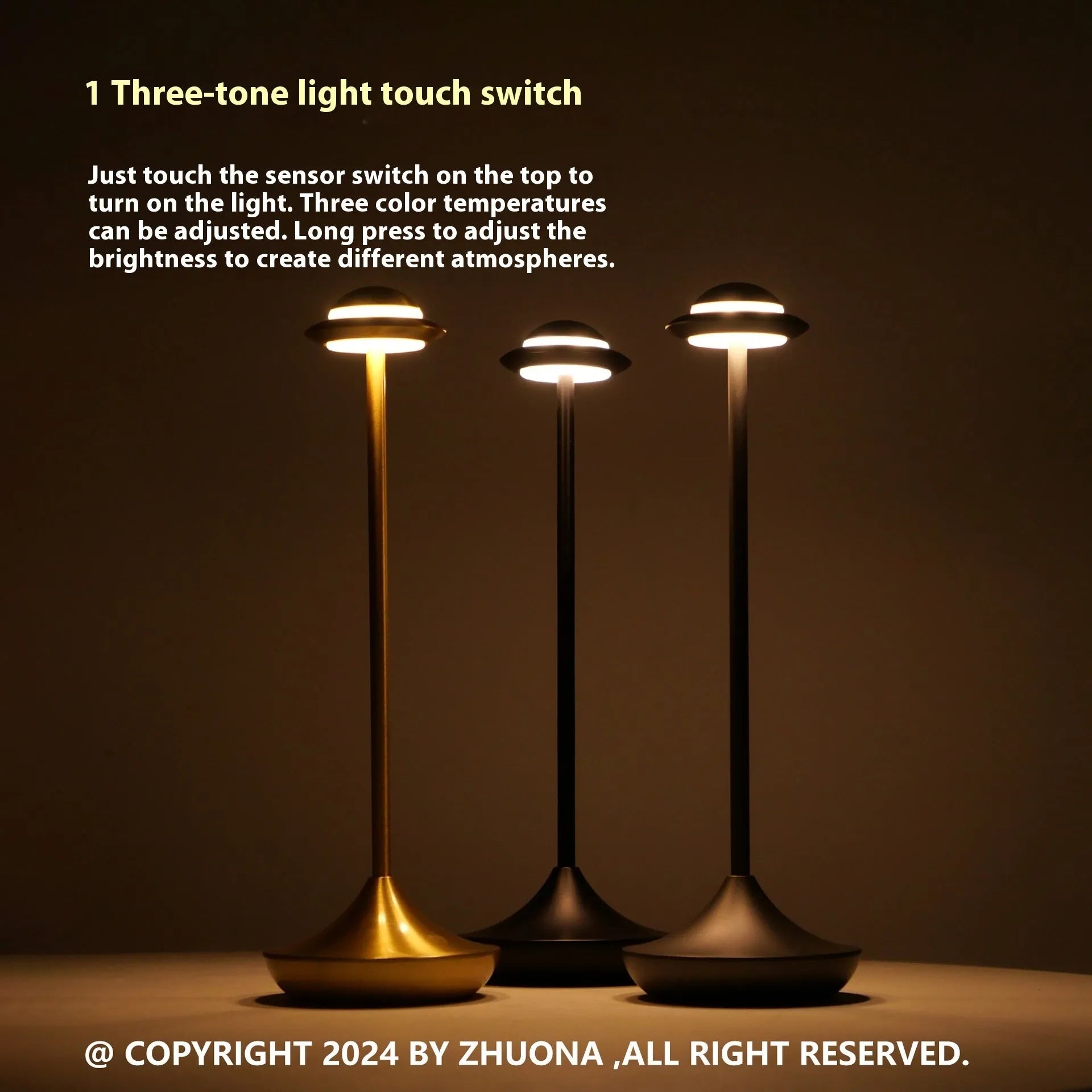 Metallic UFO-shaped desk lamp with touch dimming in black, gold, or grey colour options