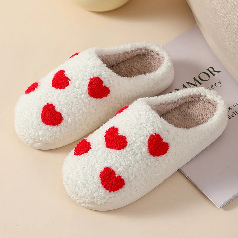 Adult women's plush cartoon pattern slippers with round toe and non-slip PVC sole