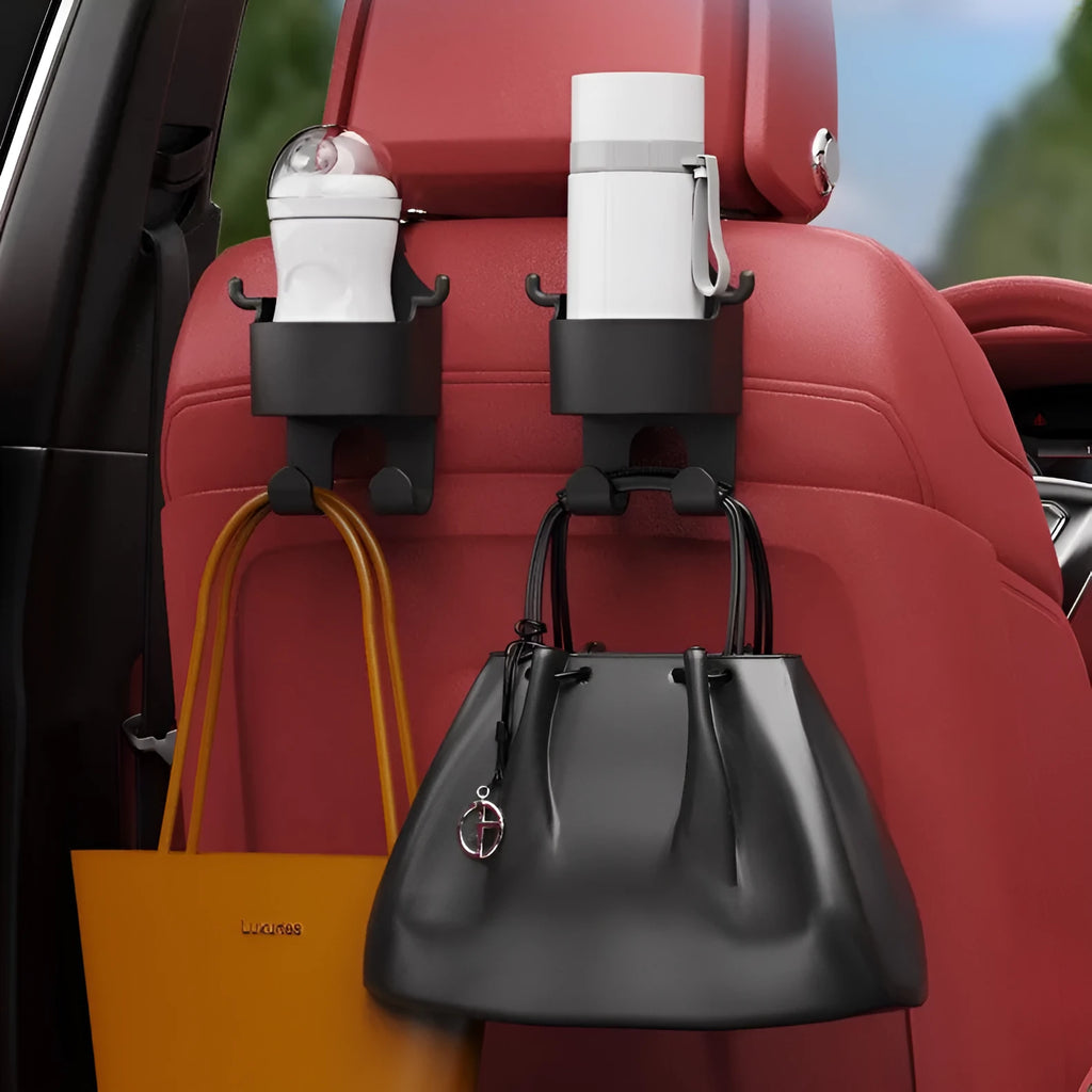Black plastic car hook seat back organiser with cup holder and hanging hook
