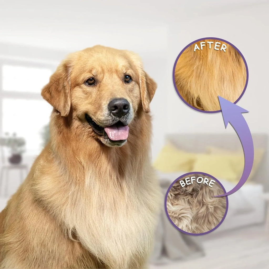 Purple pet grooming comb with stainless steel long and short teeth on an ergonomic handle.