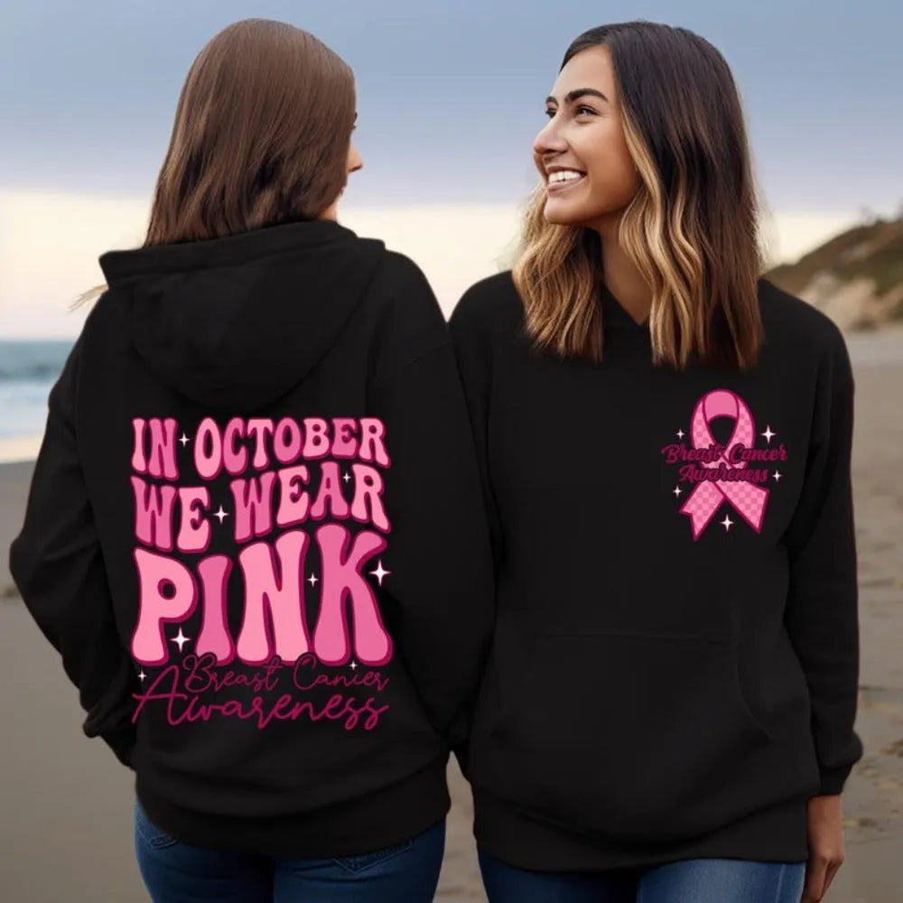 Pink Breast Cancer Awareness hoodie with retro hot stamp pattern and side seam pockets.