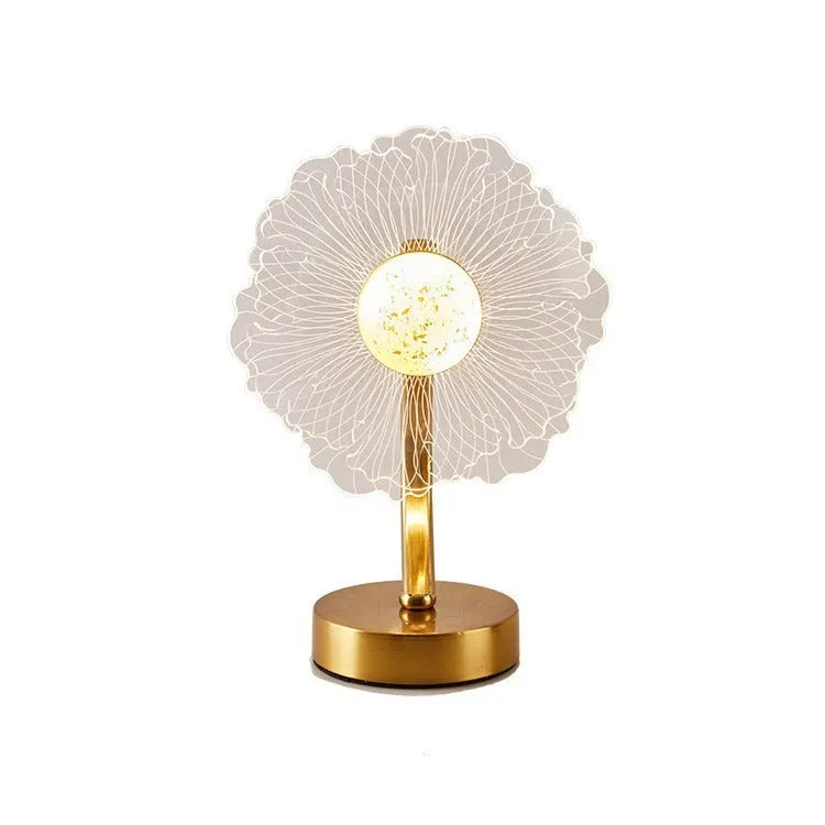 Creative acrylic table lamp with three-colour USB dimming, sunflower shape, on a desk