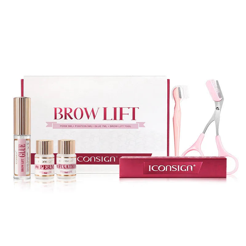 Pink eyebrow quick ironing kit with perm solution and application tools for at-home eyebrow styling