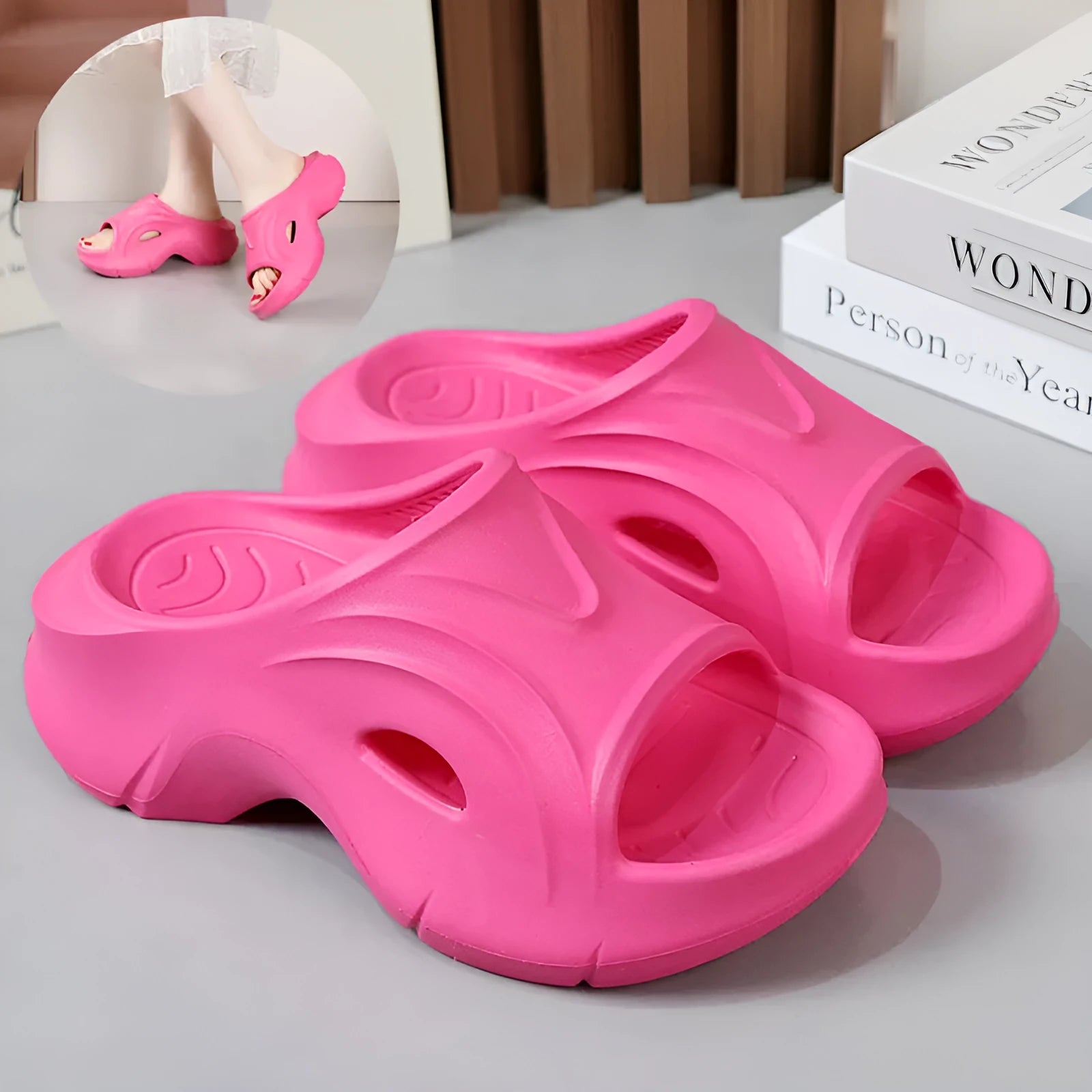 Women's thick-soled EVA beach slippers in black, white and rose red colours