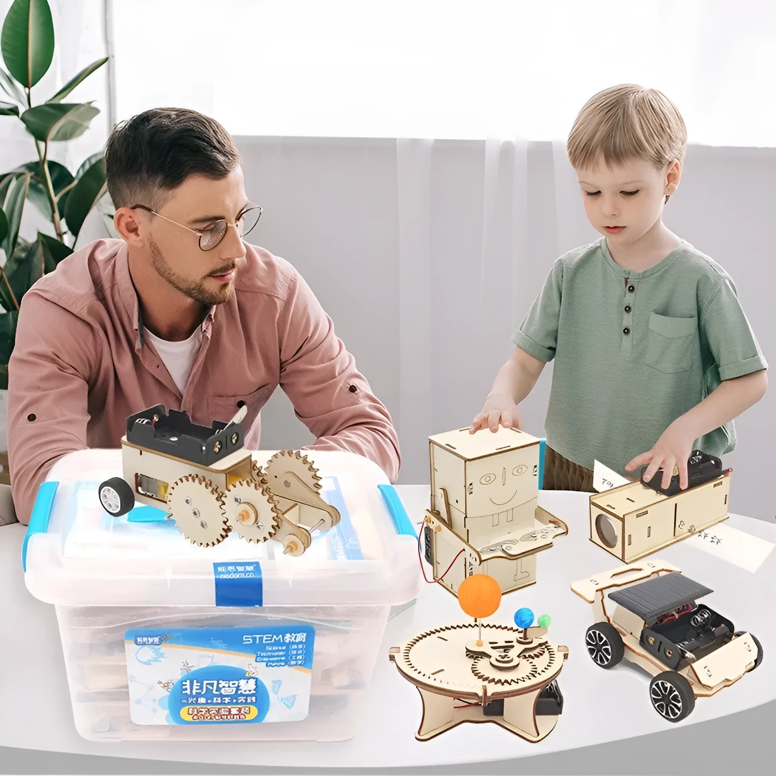 Wooden science kit with parts and accessories for children aged 7 to 14