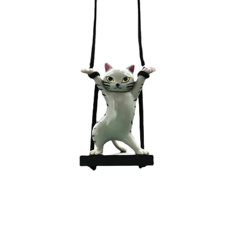 Resin cartoon cat car pendant decoration with adjustable rope in black, white, floral, grey, and brown colours