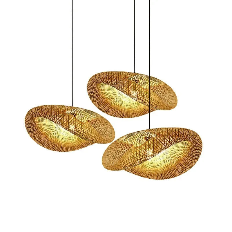Handmade straw hat-shaped bamboo pendant chandelier hanging from a ceiling