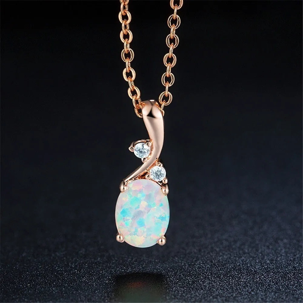 Water drop opal pendant necklace with adjustable chain in rose gold or white colour