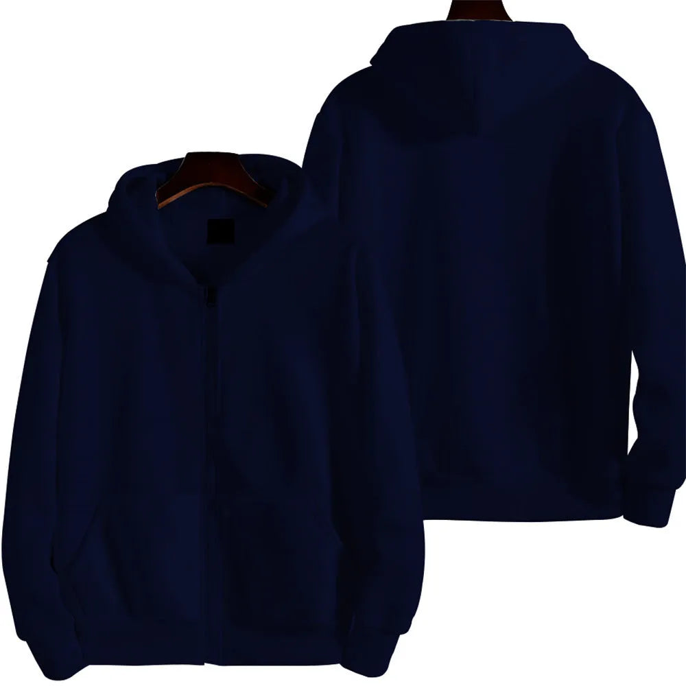 Men's solid colour loose sports zipper jacket in a cardigan style on a hanger.