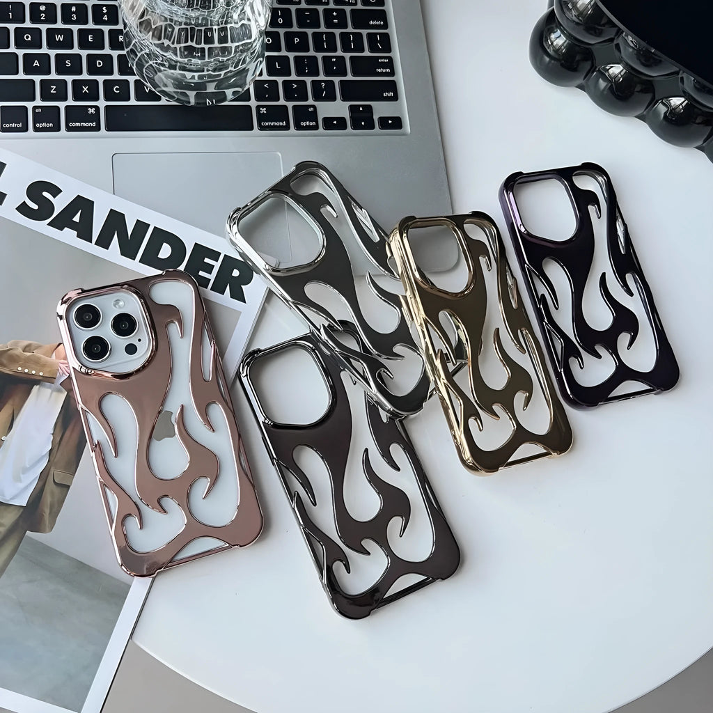 Electroplated hollow flame pattern design on a soft TPU iPhone case, shown in a silver finish.