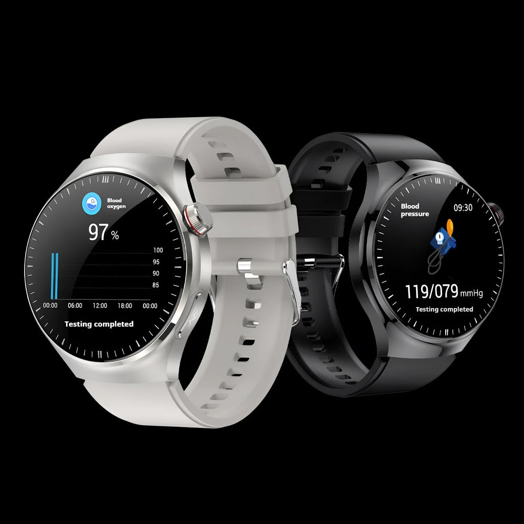 Bluetooth calling smart watch with AMOLED screen and black steel strap showing health monitoring features