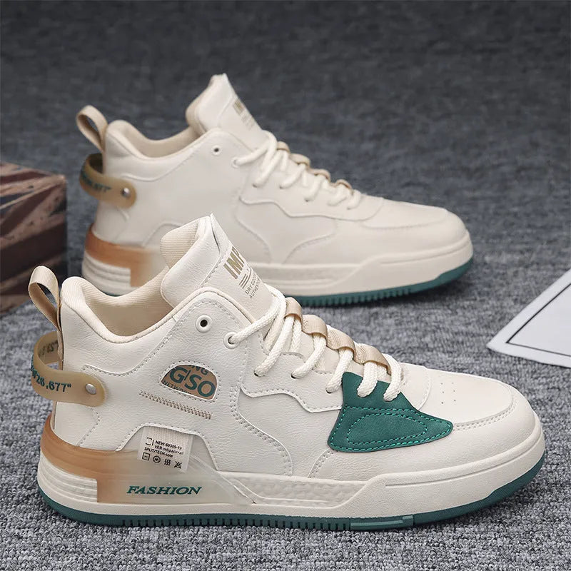 Men's canvas high-top sports casual shoes in khaki with PU upper, rubber sole, and slingback design on a white background.