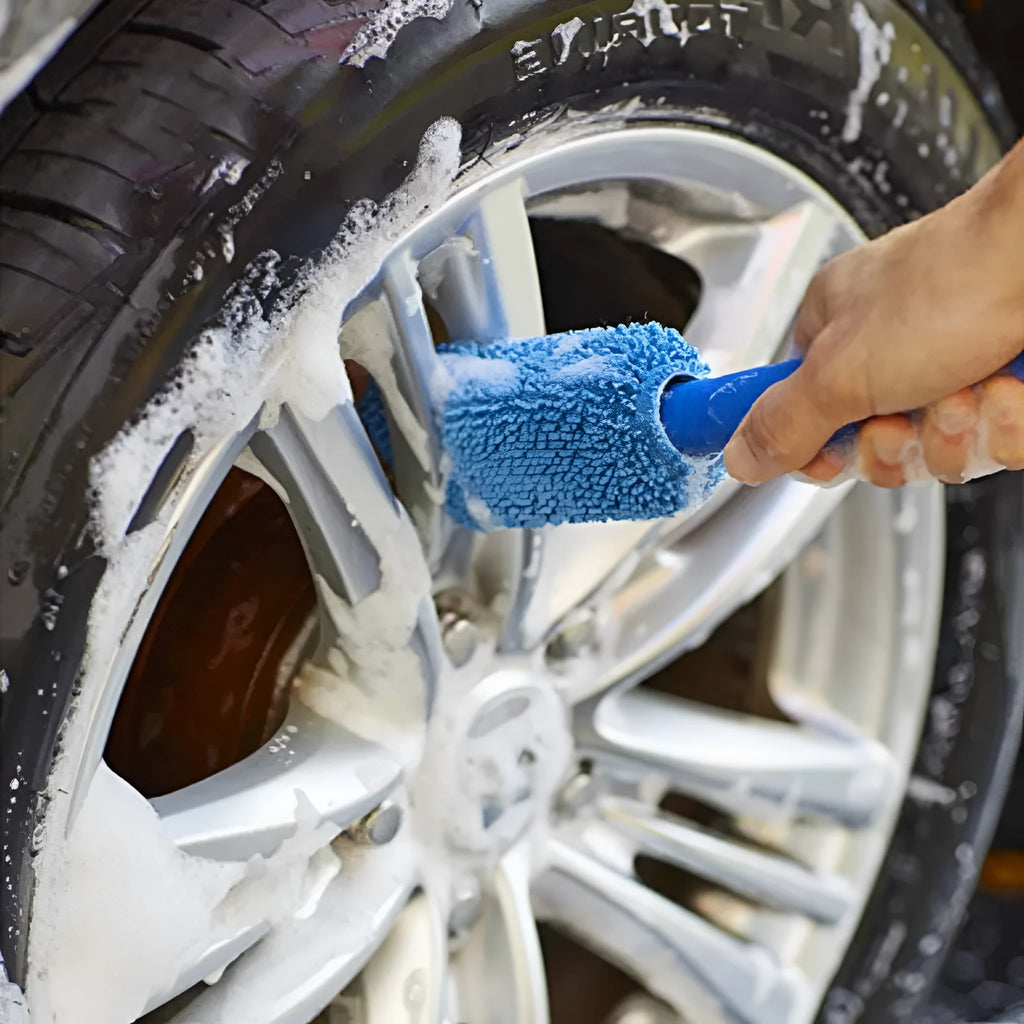 29cm long handle microfiber car tire brush in blue colour for wheel cleaning