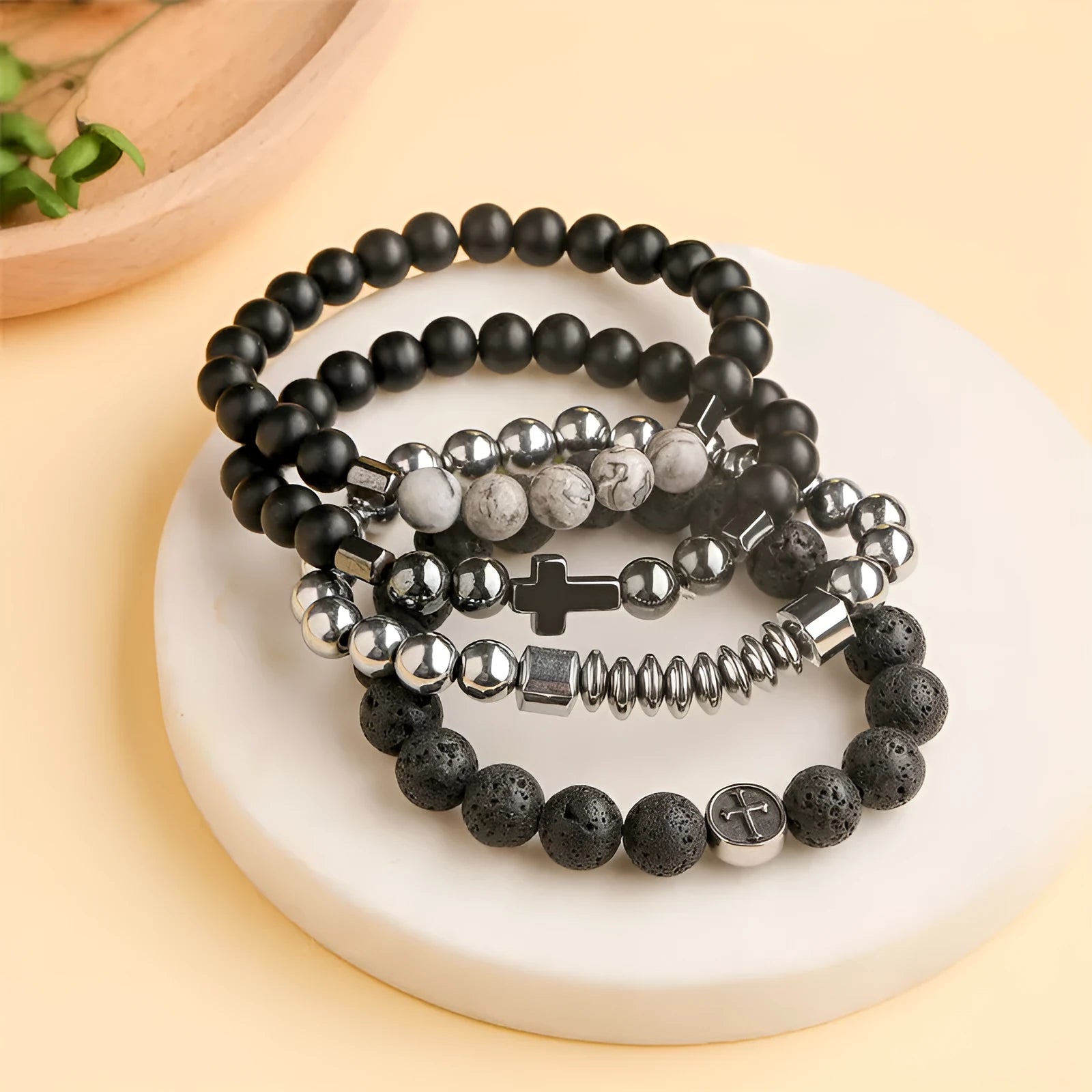 Stainless steel bracelet with a single geometric-cut volcano agate bead and a magnetic clasp.