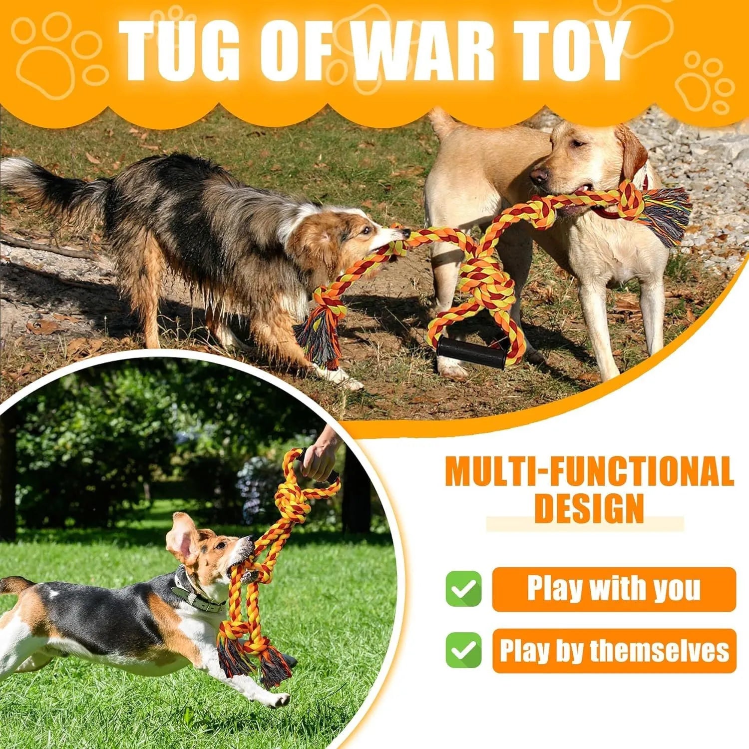 Large blue and yellow cotton rope dog toy with ergonomic handle for tug of war