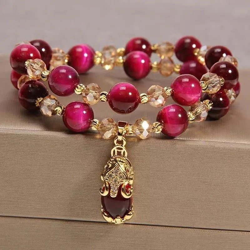 Handmade Vanves stone and tigereye crystal bracelet with double chain in rose red fox style