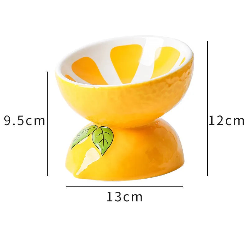 Ceramic raised cat food bowl with tilted design in a colourful pattern, showing slip-resistant base.