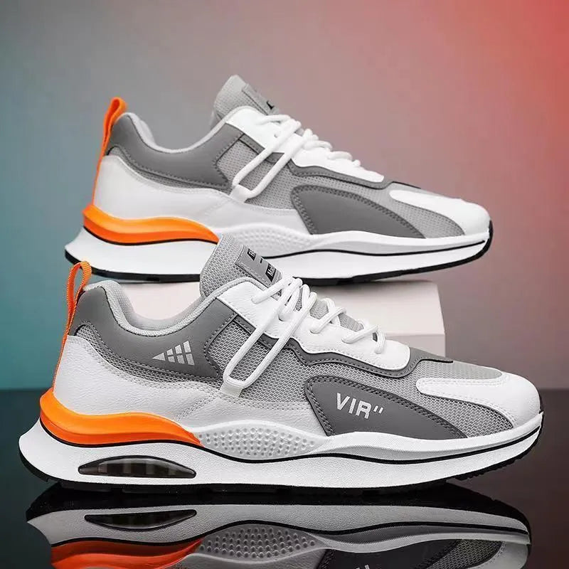 Men's grey mesh casual shoes with round toe and sewing thread details for summer running