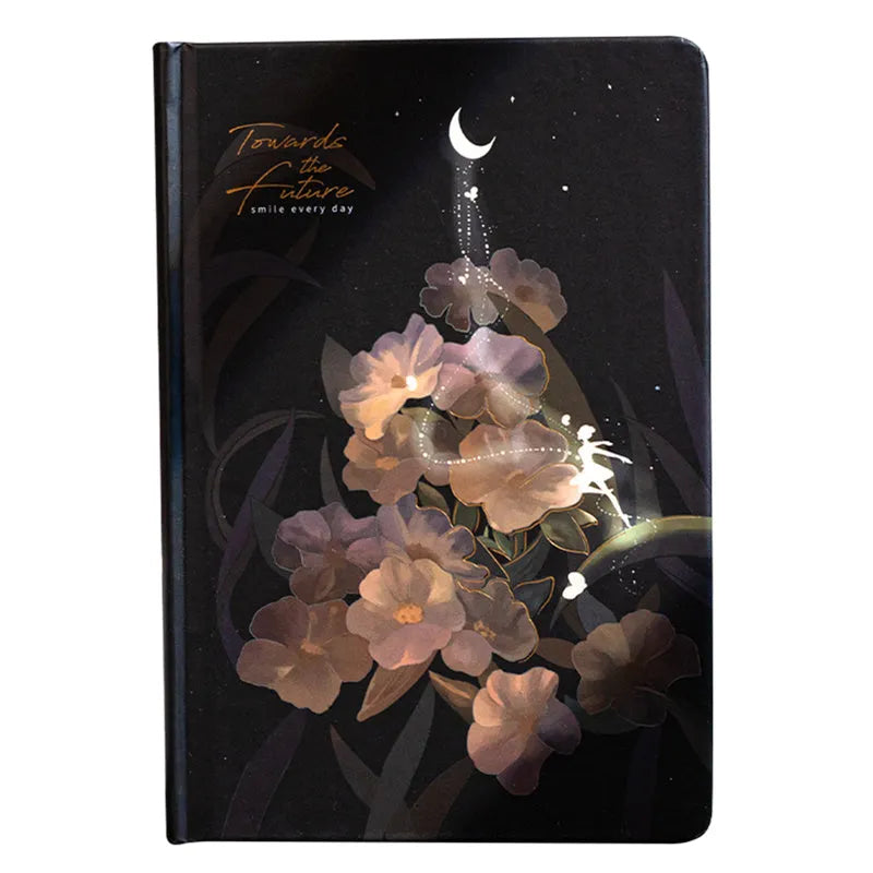 A5 notebook with luminous blue cover open to show colour illustration pages inside
