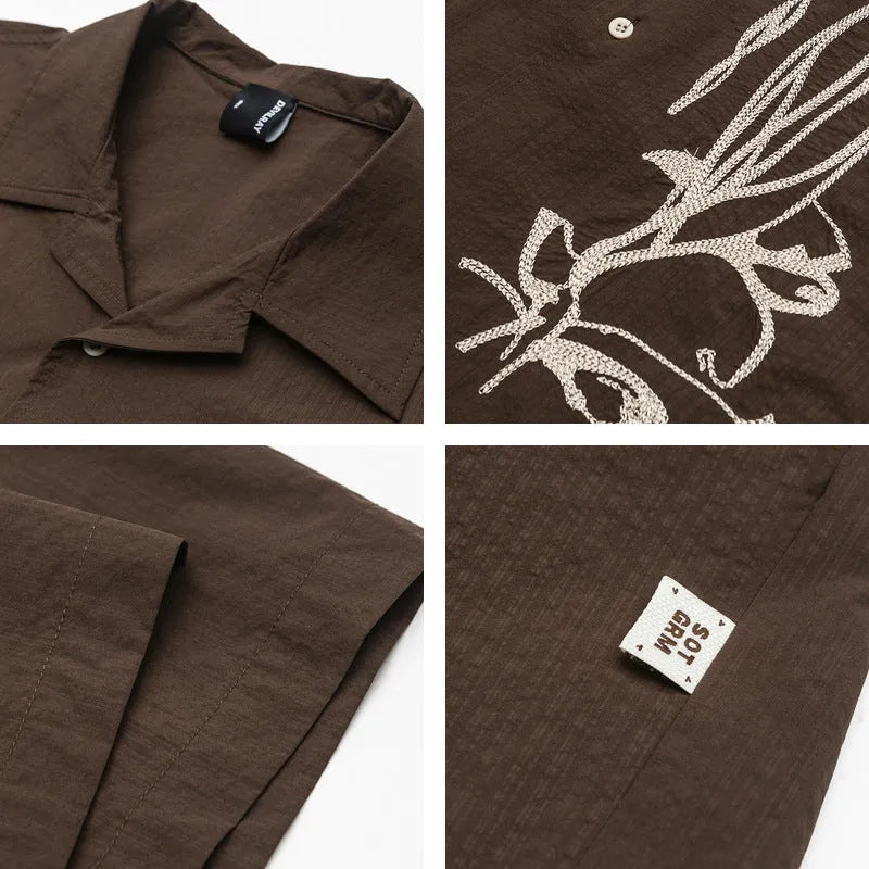 Brown striped short sleeve outdoor shirt with Cuban collar on a mannequin.