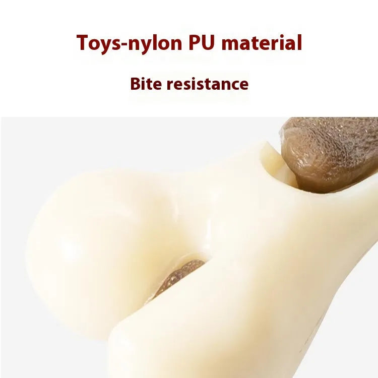 Bone-shaped dog chew toy in edible nylon and rawhide materials, available in small and large sizes