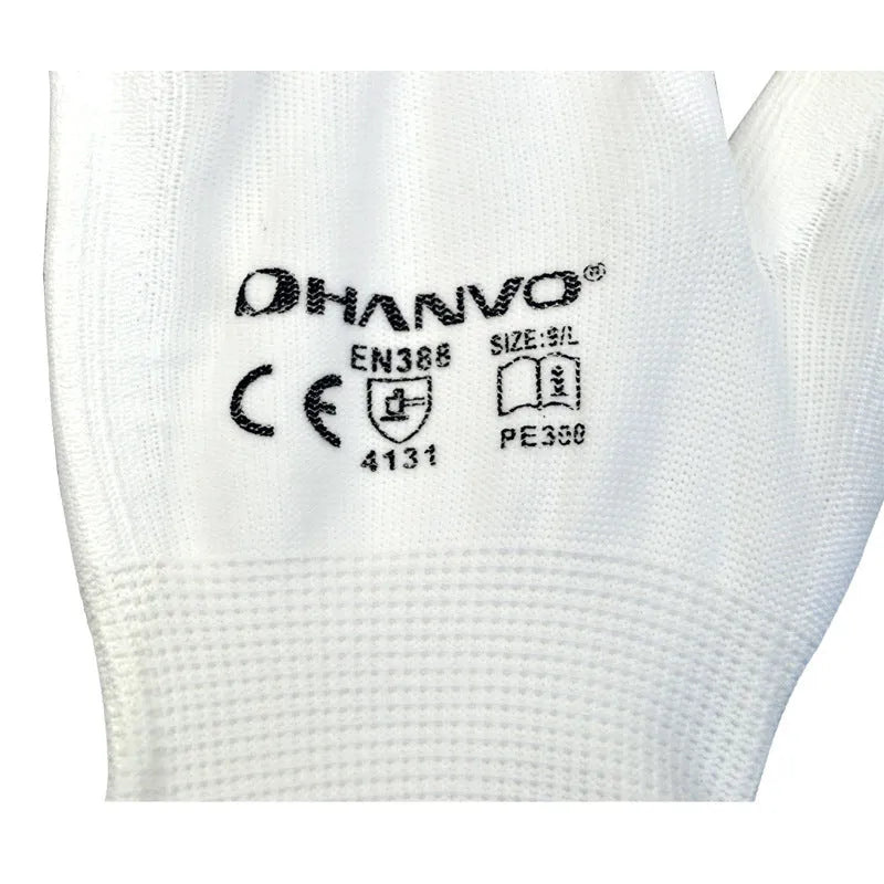 White PU coated labour gloves showing flexible design and 24 cm length.