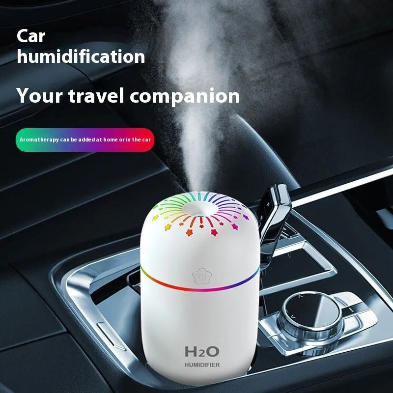 Compact fireworks design USB humidifier in white, pink, or green colours measuring 75x75x116mm