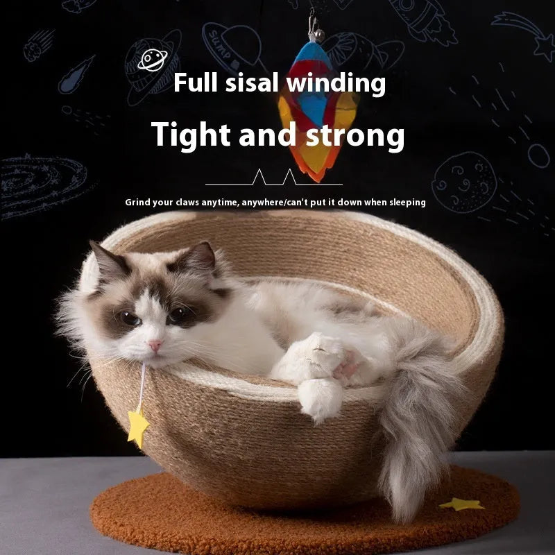 Large integrated cat scratching basin and nest with sisal rope scratching surface and flannel bed in starlight pattern