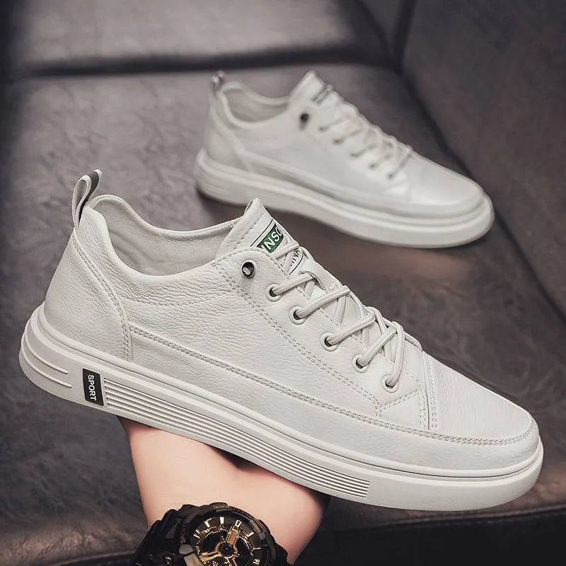 Men's casual white PU shoes with round toe and flat low heel for summer.