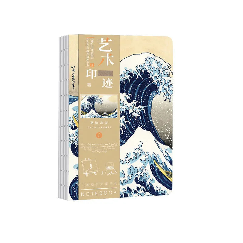 Ukiyo-e Kanagawa surfing scene hand ledger notebook showing retro style and dimensions
