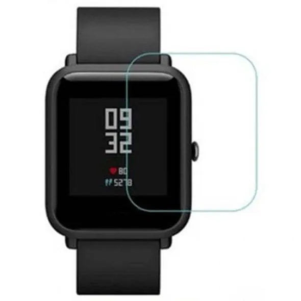 Amazfit Bip S hydrogel screen protector film shown on a smartwatch, demonstrating full front coverage.